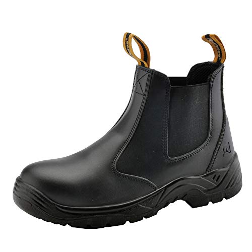 Mens Work Boots Steel Toe Chelsea Safety Boots Leather Waterproof Lightweight Working Shoes(Black, US 13)