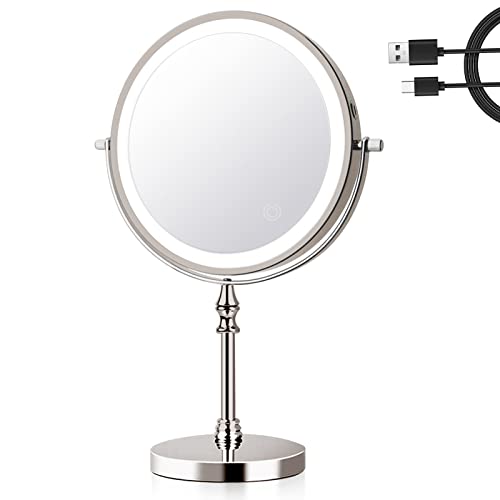 UUCOLOR Makeup Mirror with Lights USB Rechargeable 8 Inch 3 Color Lights Two Sided 1X/10X Magnification LED Vanity Mirror Touch Control Intelligent Shutdown 360°Rotation Light up Mirror Nickel Finish