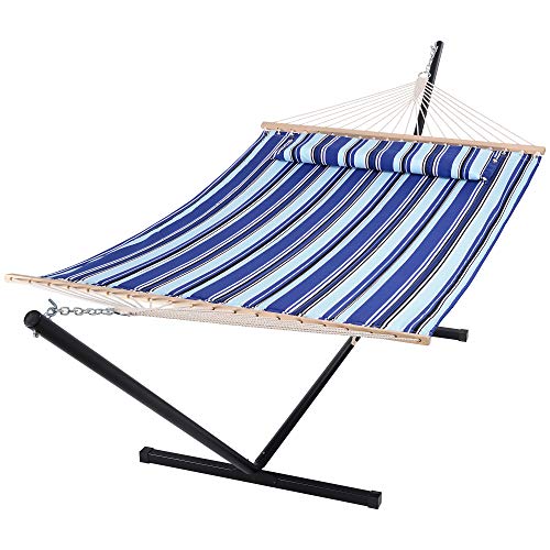 SUNCREAT Two Person Hammock with Stand Heavy Duty, Free Standing Hammocks Outdoors for 2 Person, Max 475lbs Capacity, Blue Stripes
