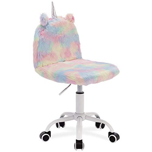 HNY Cute Unicorn Kids Desk Chair, Comfortable Fuzzy Small Desk Chair for Girls and Boys, Adjustable Swivel Chair with White Foot