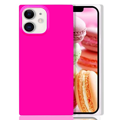 Omorro for Neon Phone Square iPhone 12 Case for Women, Bright Fluorescence Luxury Designer Flexible Soft Slim TPU Rubber Gel Bumper Square Edge Protective Hot Pink Girly Square Phone Case