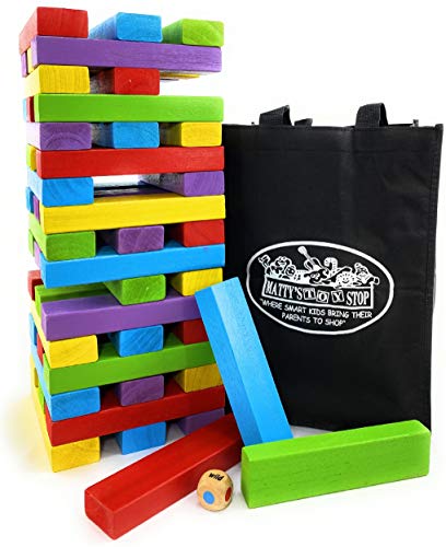 Matty’s Big Mix-Up 51pc Giant Colorful Wooden Tumble Tower Deluxe Stacking Game with Storage Bag – 2 Ways to Play (Starts at 12.5″ or 17″)