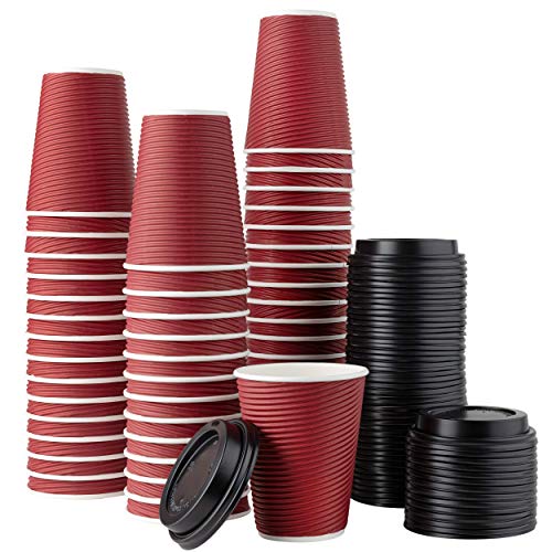 PLASTICPRO [50 Sets – 12 oz.] Insulated Rippled Double Wall Paper Hot Coffee Cups With Lids, Burgundy