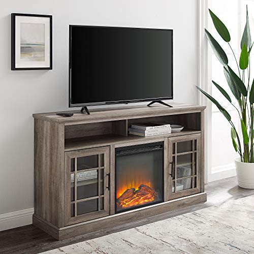 Walker Edison Hoxton Classic 2 Glass Door Fireplace Stand for TVs up to 65 Inches, 58 Inch, Grey Wash