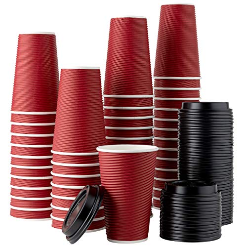 PLASTICPRO [50 Sets – 16 oz.] Insulated Rippled Double Wall Paper Hot Coffee Cups With Lids, Burgundy