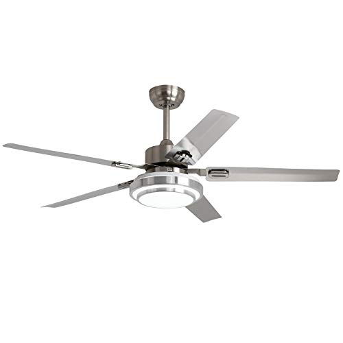 Ceiling Fan with Light and Remote – 52 Inch Brushed Nickel Stainless Steel Quiet Reversible Motor and Fan Blades, Dimmable LED Light Kit for Indoor Home Decor