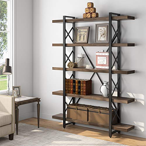 Tribesigns Rustic Solid Wood 5-Shelf Industrial Style Bookcase and Book Shelves, Metal and Real Wood Free Vintage Bookshelfs, Retro Brown (Wood, 5 Tier)