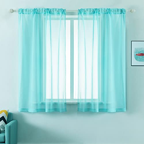 DUALIFE Aqua Sheer Curtains 54 Inches Long 2 Panels with Rod Pocket Faux Linen Small Windows Short Voile Drapes Solid Light Blue Sheer Curtains for Bathroom Basement Bedroom 52 X 54 Inch Length