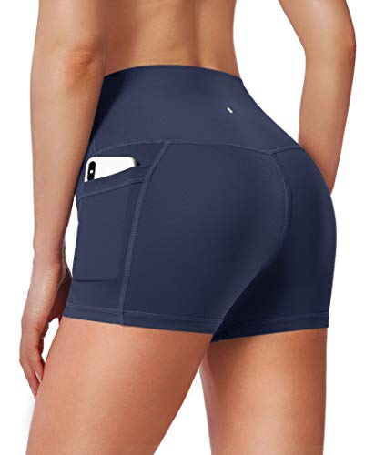 Women’s High Waist Yoga Shorts with Side Pockets Tummy Control Running Gym Workout Biker Shorts for Women 8″ /3″ (3″ Navy Blue, S)