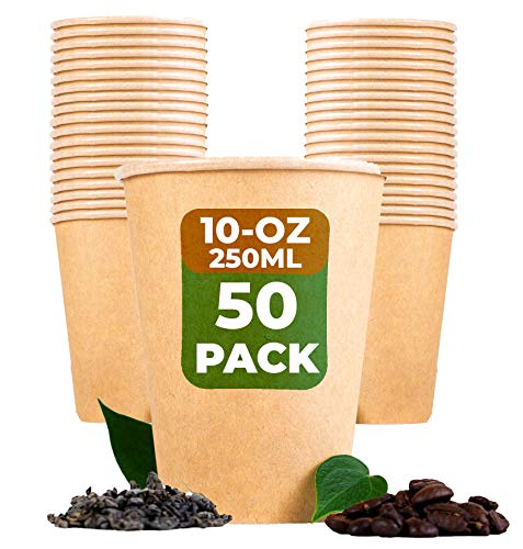 BEELEEVE [50-Pack] Super Strong 100% Compostable Coffee and Tea Cups – Eco – Biodegradable – Disposable Rigid Containers for Office, Party & Wedding – Brown Kraft Paper, PLA Coating (250ml / 10oz)