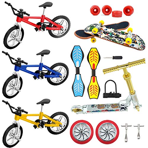 Mini Finger Toys Set ,18 Pcs Fingerboard Skateboards Bikes Ripstik Scooter Tiny Swing Board Deck Fingertip Movement Bike Party Favors for Kids as Gifts Replacement Wheels and Tools
