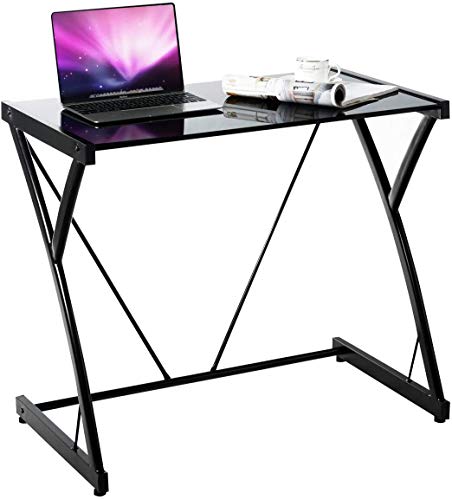LDAILY Moccha Z-Shape Structure Computer Desk, Writing Table with Tempered Glass Top, Iron Frame, Ergonomic Student Study Desk with Adjustable Feet, for Home Office Workstation Black