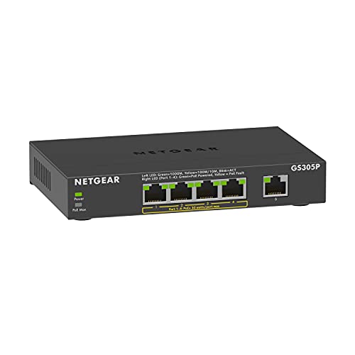 NETGEAR 5-Port Gigabit Ethernet Unmanaged PoE Switch (GS305P v2) – with 4 x PoE+ @ 63W, Desktop or Wall Mount
