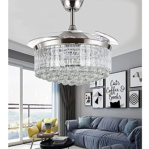 42″ Crystal Ceiling Fan with Retractable Blades Modern Indoor Chandelier Ceiling Fans with Lights Invisible LED Fandelier Ceiling Fan with Remote 3 Color Temperature Light Fixture Brushed Nickel