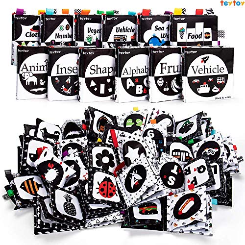 teytoy 12 Packs Soft Baby Books,Black and White High Contrast Baby Toys Gifts, Crinkle Cloth Books for Newborn Infant Babies 0 3 6 9 12 Months, Early Education Learning Bath Book Sensory Toy