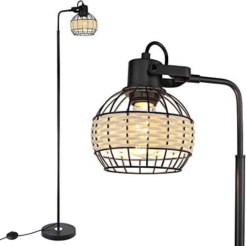 DLLT LED Floor Lamp, Adjustable Head Standing Lamp with Heavy Metal Based, Farmhouse Tall Rattan Floor Lamps Reading Lighting for Living Room, Bedroom, Study Room, Office, 8W 3000K E26 Bulb Included