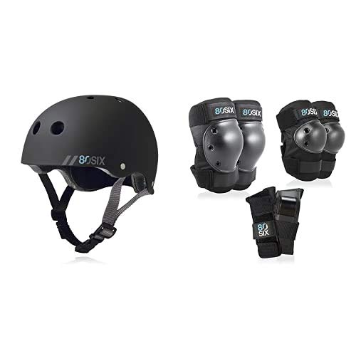 80Six Dual Certified Kids’ Helmet with Knee Pads, Elbow Pads, and Wristguards, Black and Black, Junior – Ages 5+