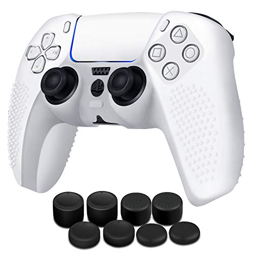 TNP Controller Case for PS5 Silicone Controller Skin Dualsense Cover + 8 Pro Thumb Grips Set Sony Playstation 5 Skins Accessories White with Ergonomic Textured Grip