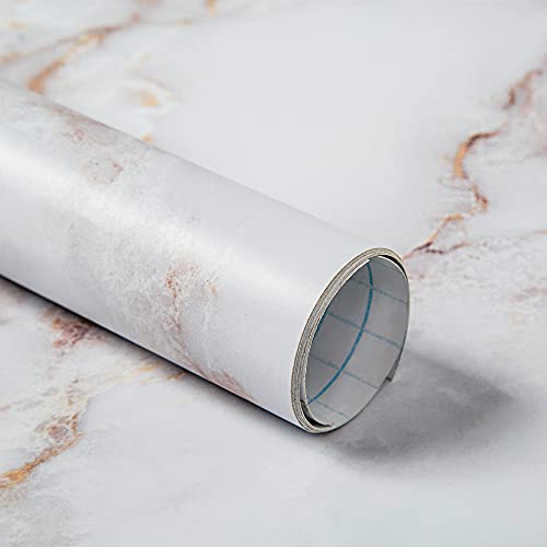 Homein Marble Wallpaper Peel and Stick Countertops Paper Waterproof, White/Gold Self Adhesive Matte Stickers for Cabinet Kitchen Floor Bathroom, Vinyl Sticky Removable Cover Matte (17.5″x 118″)