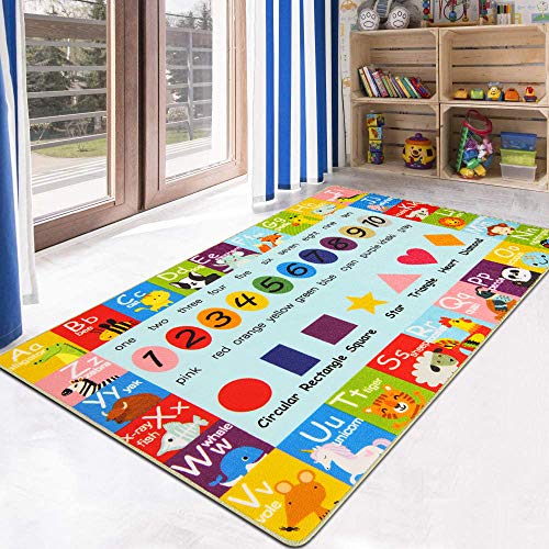 HEBE Kids Play Rug ABC Alphabet Numbers Shapes Educational Area Rug Machine Washable Baby Crawling Mat Non Skid Kid Play Mat Carpet for Girl Boy Bedroom Playroom 3’4″x5′
