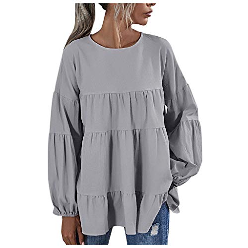 Women’s Crewneck Lantern Ruffle Long Sleeve Loose Top Solid Color Casual Pullover Sweater Tops Shirt Blouse Tunic