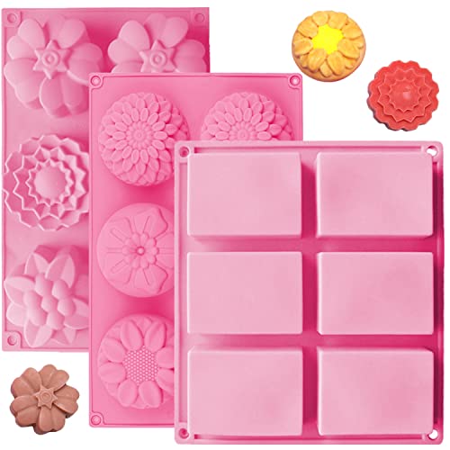 OBSGUMU 3 Pack Silicone Soap Molds,6 Cavities Flowers Soap Mold,Rectangle and Different Flower shapes, Perfect for Soap Making, Handmade Cake Chocolate Biscuit, Pudding (Pink)