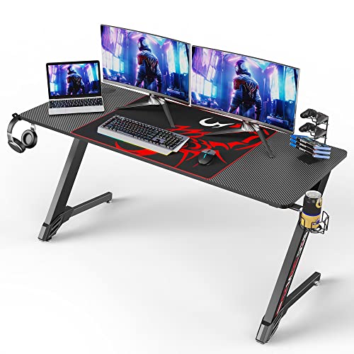 Eureka Ergonomic Gaming Desk 60 inch, Z-Shaped Carbon Fiber Surface Desktop Home Office PC Computer Desk with Mouse Pad, Ergonomic Large Gamer Table with Cup Holder and Headphone Hook for Gaming Room