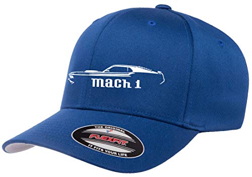 1970 Ford Mach 1 Mustang Outline Design Flexfit 6277 Athletic Baseball Fitted Hat Cap Royal L/XL