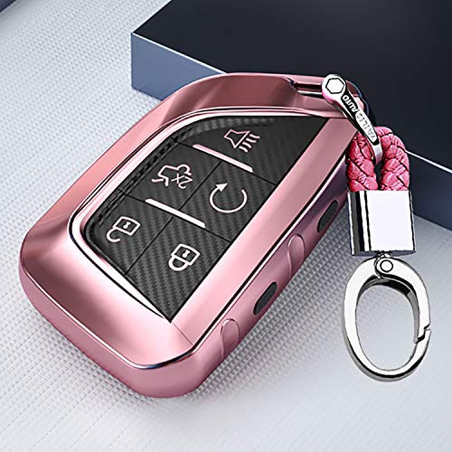 ontto for 2020 Cadillac CT4 CT5 Key Fob Cover Carbon Pattern Full Protection Durable TPU Smart Remote Key Case Holder Shell with Keychain Pink