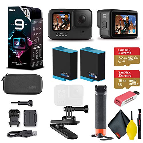 GoPro HERO9 Action Camera – Special Bundle + Floating Hand Grip + Magnetic Swivel Clip + Sandisk 32GB & 16GB SD Cards + 2 Batteries + Case and More. 5K HD Video, 20MP Photos, 1080p Live Streaming