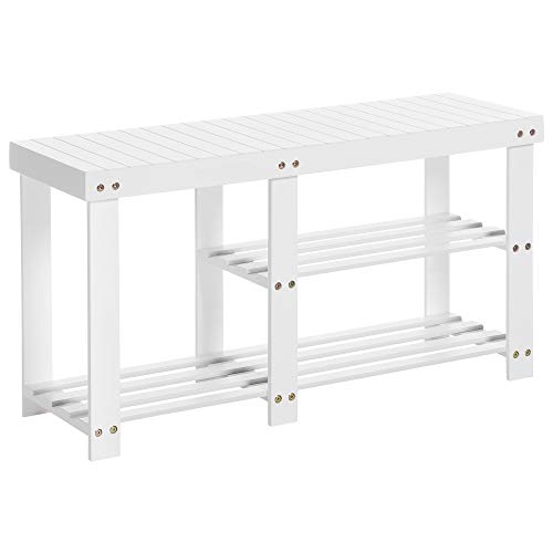 SONGMICS 3-Tier Bamboo Shoe Bench for Boots, Entryway Storage Organizer, for Hallway, Bathroom, Living Room, Corridor, White