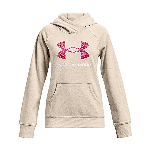 Under Armour Girls’ Rival Fleece Core Logo Hoodie , Oatmeal Light Heather (783)/Cerise , Youth X-Large
