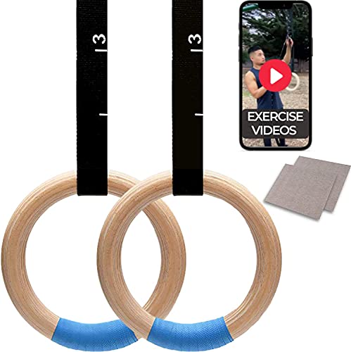 Wooden Gymnastic Rings with Adjustable Straps – 1.25” Non-Slip Olympic Rings 1600lbs – 15ft Long Numbered Straps – Quick Install Cam Buckle – For Pull Ups Cross-Training and Home Gym Full Body Workout
