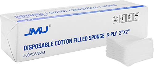 JMU Cotton Gauze Pads 2×2, 8-ply Woven Gauze Sponges, 200pcs Non-Sterile Surgical Sponges, Nonstick Dental Gauze Pads for First Aid Wound Dressing