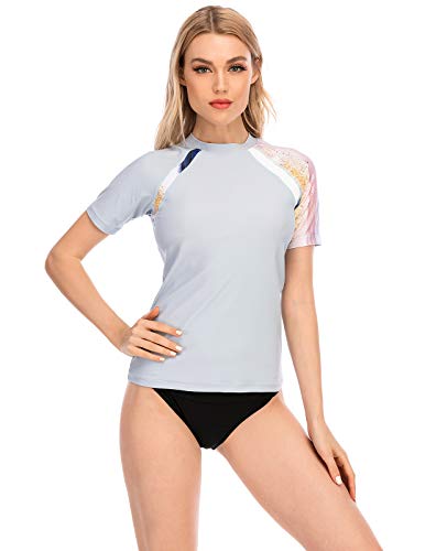 HUGE SPORTS Women’s Rash Guard Short Sleeve Sun Protection UPF 50+ Swimwear Shirts Quick Dry Swimsuit Top(Light Blue,L)