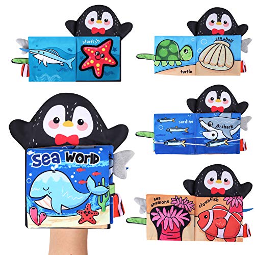 Vanmor Baby Soft Cloth Book with Hand Puppet, Touch and Feel Crinkle Books Sea Animal Tail Tactile Fabric Activity Book for Babies Infants Toddler Educational Interactive Toys Gift for Baby Girl Boy