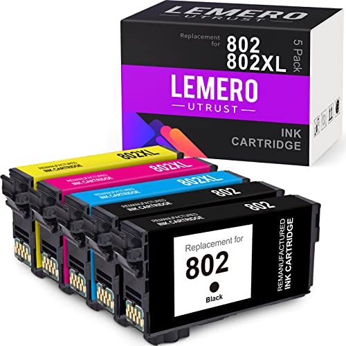 LemeroUtrust Remanufactured Ink Cartridges Replacement for Epson 802 802XL T802XL use with Epson Workforce Pro WF-4734 WF-4730 WF-4720 EC-4020 EC-4040 (2 Black, 1 Cyan, 1 Magenta, 1 Yellow, 5-Pack)