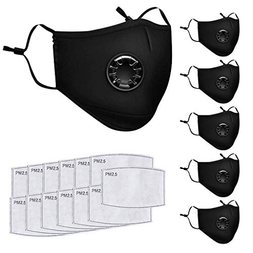 6pcs Black Reusable Dust Face Mask Earloop Dust Mask, Mask with Filter and Valves (black)