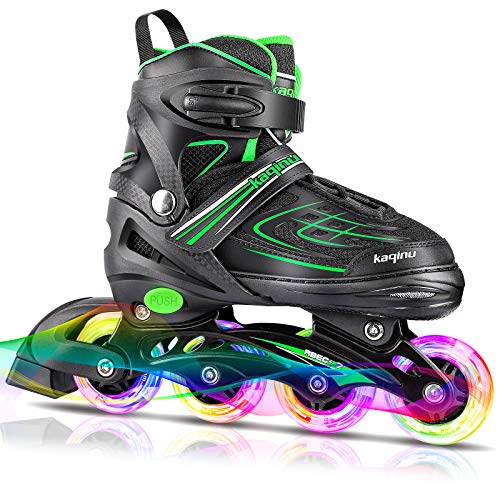 KAQINU Adjustable Inline Skates, Outdoor Roller Blades Skates with Full Illuminating Wheels for Women, Kids, Girls and Boys (Green, M)