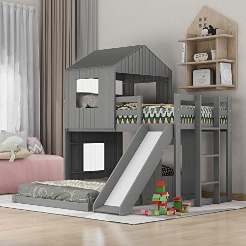 KLMM Bunk Bed for Kids Toddlers, Twin Over Full Bunk Beds with Slide, Playhouse Farmhouse Roof Window Guardrail Ladder, for Girls/Boys (Gray)…
