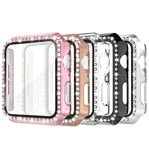 Simpeak 5Pack 40mm Bling Hard Case Built-in Glass Screen Protector Compatible with Apple Watch Series 6 Se 5 4, Full Crystals Protector Case Replacement for iWatch 40mm, Gold/Pink/Black/Silver/Clear