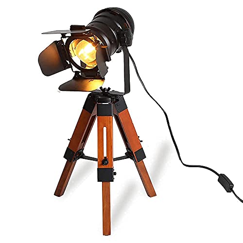 Modern Industrial Vintage Tripod Floor Table Lamp – Metal Wooden Nautical Cinema Standing Searchlight – Reading Desk Light for Living Room Movie Theatre Decoration Adjustable Height (Black+Wood)