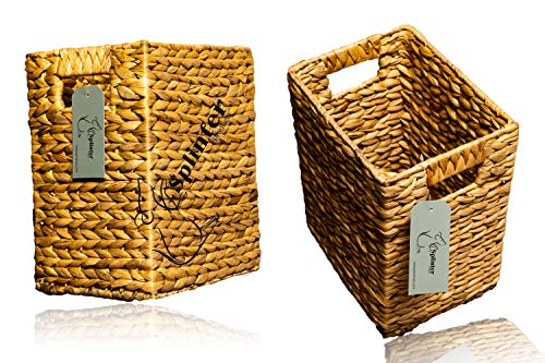Splinter Vertical Twisted Weave Water Hyacinth Basket W/Hole Handle Used for Furniture Shelving in Closet, Bedroom, Bathroom, Entryway, Office, Home Decor