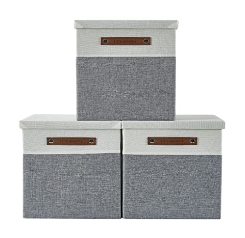 DECOMOMO Cube Storage Bins | Fabric Storage Cubes with Lid Closet Organizer Cubby Bins for Shelves Cloth Nursery Decorative Basket with Handles (Grey and White, 11 x 11 x 11 inch)