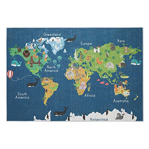 SUSSEXHOME Sussex Home Low Pile Kids Rug for Playroom – Ultra-Thin Non-Slip Kids Area Rug – Washable Cotton Educational Rug for Kids Room – 39.5 x 59 Inches World Map Rug