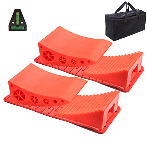 Homeon Wheels Camper Leveler, Camper Leveling Blocks Work for Camper Include 2Curved Levelers, 2Chocks with Built-in Handle,2Grip Mats,1Level and Bag, Levelers for RV-Up to 30,000 LBS,2-Pack, Red