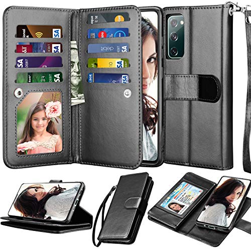 Njjex Galaxy S20 FE 5G Case, for Samsung S20 Fan Edition/ S20 FE 5G Wallet Case, [9 Card Slots] PU Leather ID Credit Holder Folio Flip [Detachable] Kickstand Magnetic Phone Cover & Lanyard [Black]
