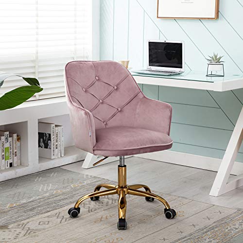 Henf Velvet Home Office Chair on Wheels, 360° Swivel Chair Desk Chairs Vanity Chair Modern Tufted Chair with Armrest/Gold Base, Height Adjustable Upholstered Office Chair Task Chair