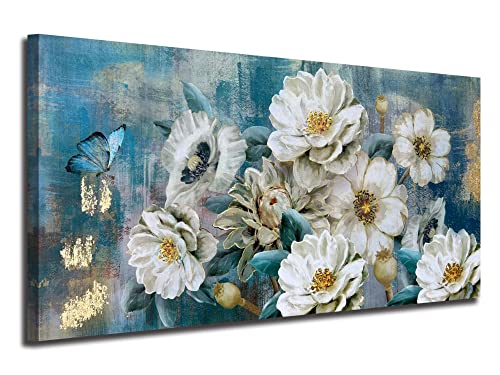 Arjun Flowers Canvas Wall Art White Elegant Modern Picture Gold Foil Rustic Painting Colorful Turquoise Floral Large Teal Artwork for Living Room Bedroom Bathroom Dining Room Home Office Decor 40″x20″