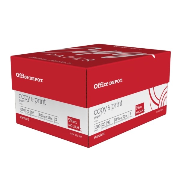 Office Depot Copy Print Paper, 8 1/2in. x 11in., 20 Lb, Bright White, 500 Sheets Per Ream, Case Of 3 Reams, 1008
